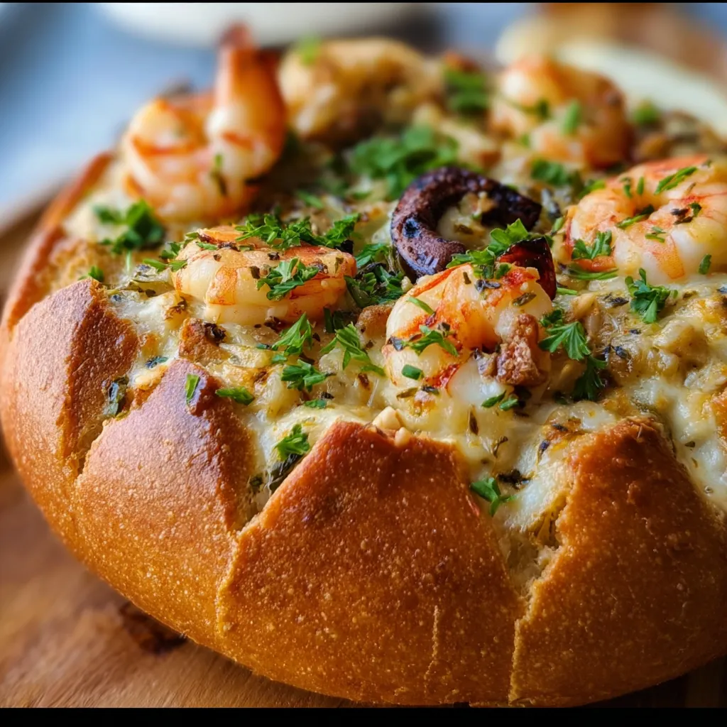Ultimate Stuffed Seafood Bread Bowl with Creamy Garlic Herb Sauce